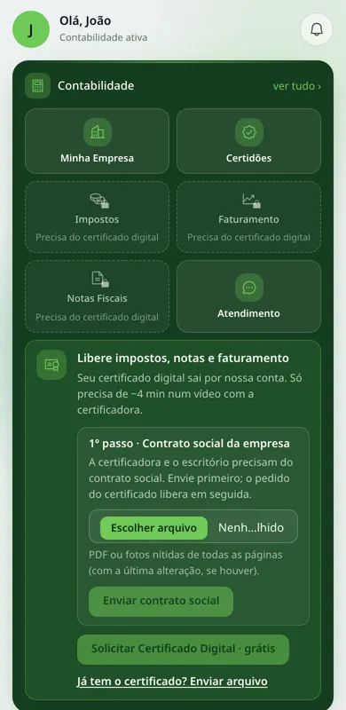 Tela do app pedindo o contrato social da empresa para emitir o Certificado Digital A1