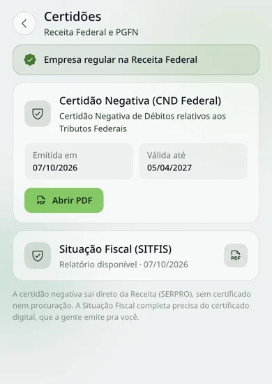 Tela de certidões do app NivelOn