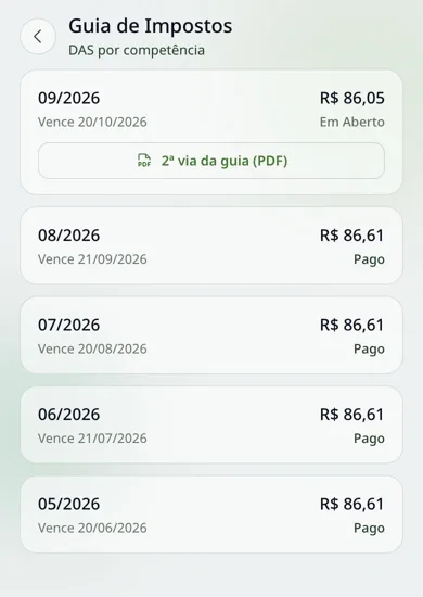 Tela da guia de impostos (DAS) do app NivelOn