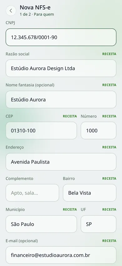Dados do cliente preenchidos pela Receita a partir do CNPJ