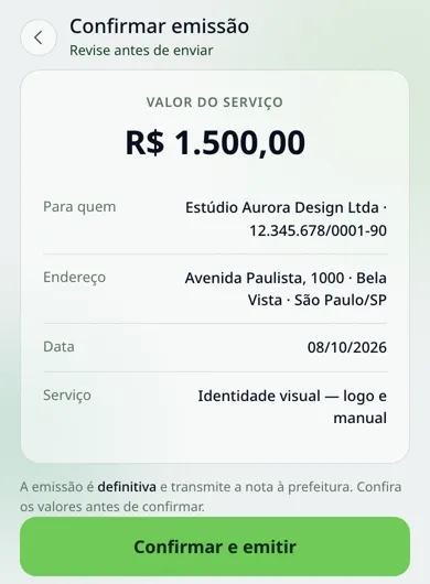 Tela Confirmar emissão com o botão Confirmar e emitir