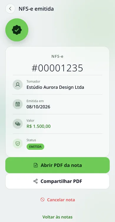 Nota fiscal emitida com as opções de PDF e compartilhamento