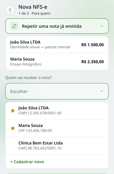 Escolher cliente salvo ou repetir uma nota