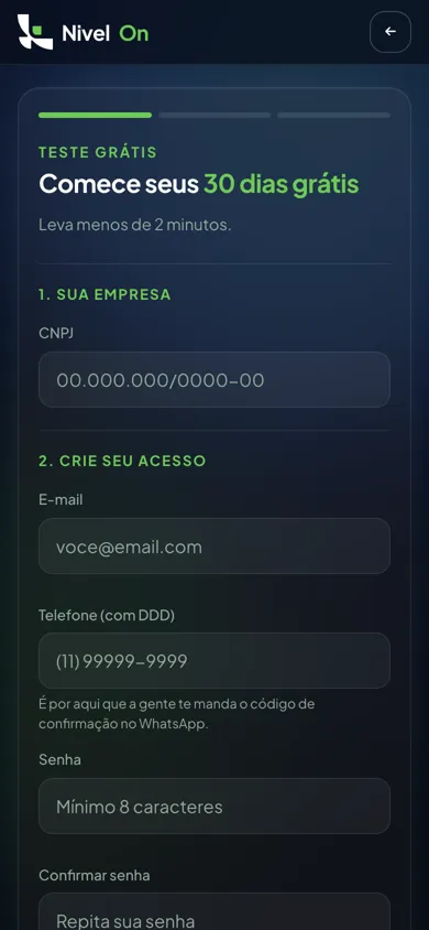Cadastro com CNPJ, e-mail, WhatsApp e senha
