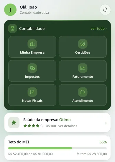 Tela inicial com a contabilidade da empresa no app NivelOn