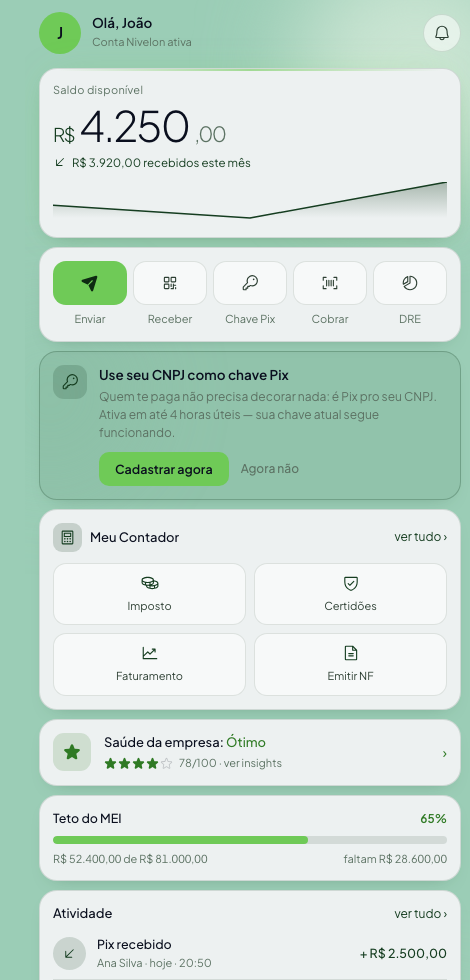App Nivelon — conta digital, saldo e saúde da empresa