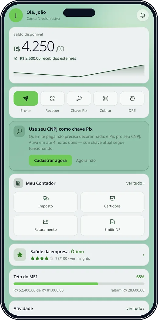 Tela inicial do app Nivelon com saldo e Meu Contador